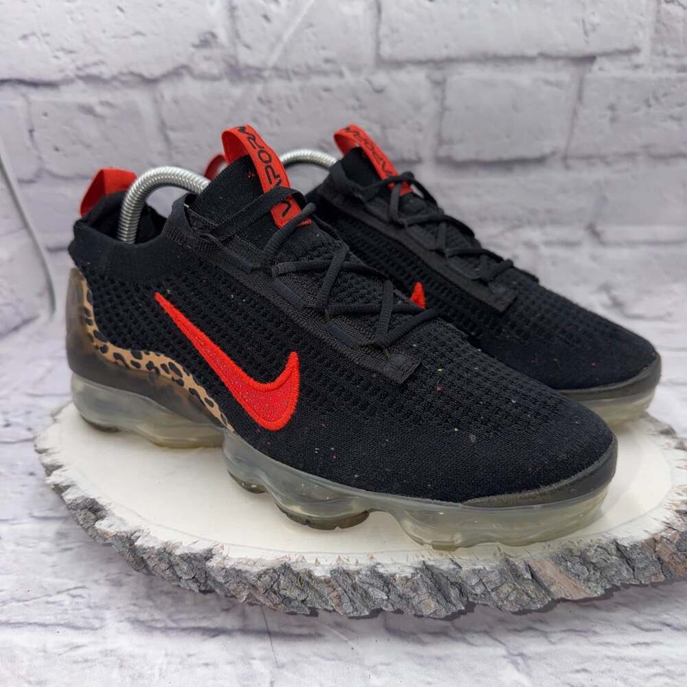 Nike Vapormax 2021 Flyknit Leopard Black Habanero Red DH4090-001 Women Size 9.5